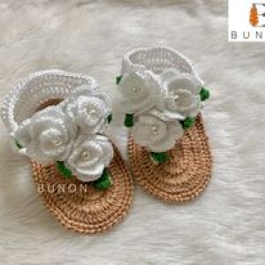 Handmade Brown Color Woolen Flower Newborn Baby Sandals