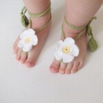 White Flower Green Lace Crochet Baby Barefoot