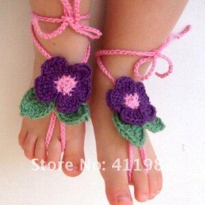 Deep Purple Flower leaf Green Crochet Baby Barefoot