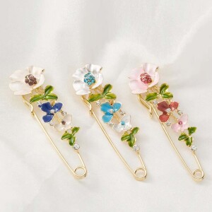 Safety Pin Crystal Flower Brooch