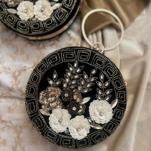 Designer Velvet Round Clutches -Jet Black