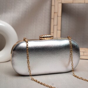 Designer Capsule Shape Clutch - Glossy Silver